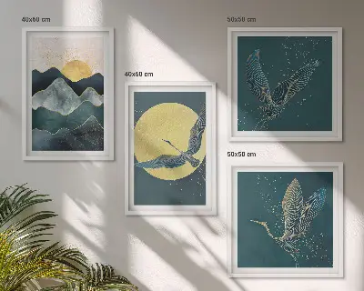 Composizione di 4 quadri con uccelli, gru, luna e montagne