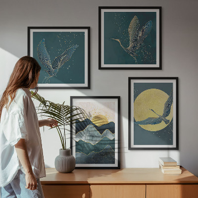 Composizione di 4 quadri Uccelli gru luna montagne