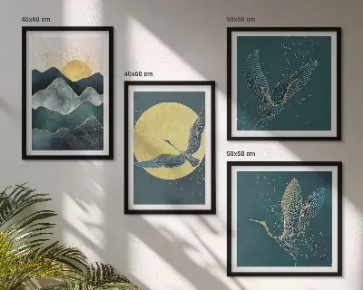 Composizione di 4 quadri con uccelli, gru, luna e montagne