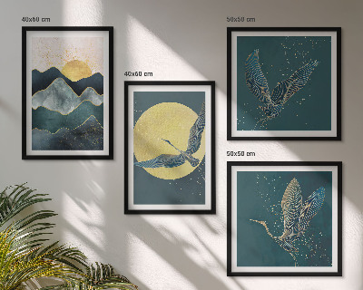 Composizione di 4 quadri Uccelli gru luna montagne