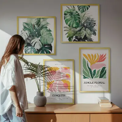 Poster moderno con fiori e foglie polittico con cornice