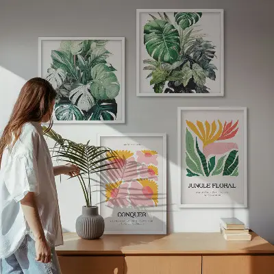 Poster moderno con fiori e foglie polittico con cornice