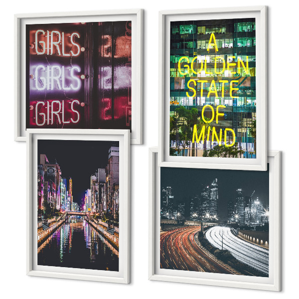 Composizione di 4 quadri Insegne al neon in città di notte