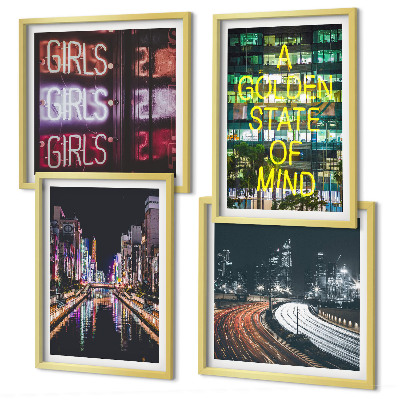 Composizione di 4 quadri Insegne al neon in città di notte