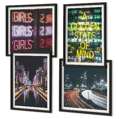 Composizione di 4 quadri Insegne al neon in città di notte