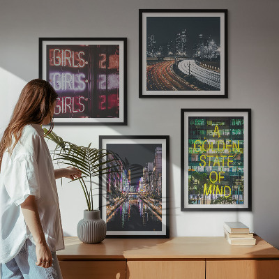 Composizione di 4 quadri Insegne al neon in città di notte