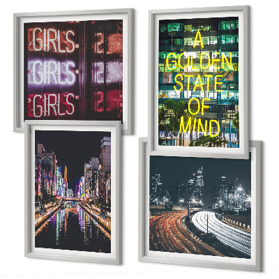 Composizione di 4 quadri Insegne al neon in città di notte