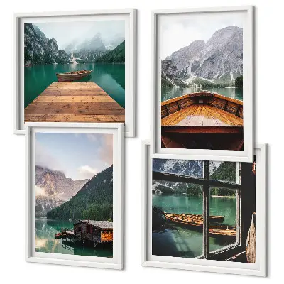 Polittico con cornice paesaggi montani con cottage e barche