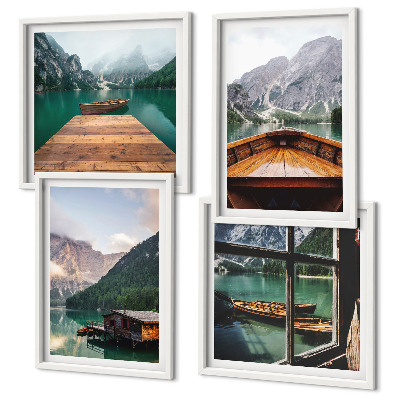 Polittico con cornice Paesaggi montani, cottage, barche