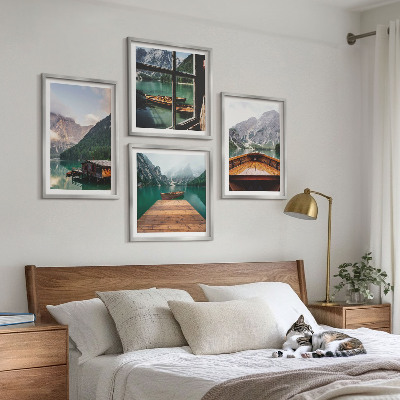 Polittico con cornice Paesaggi montani, cottage, barche