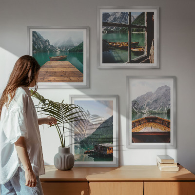 Polittico con cornice Paesaggi montani, cottage, barche