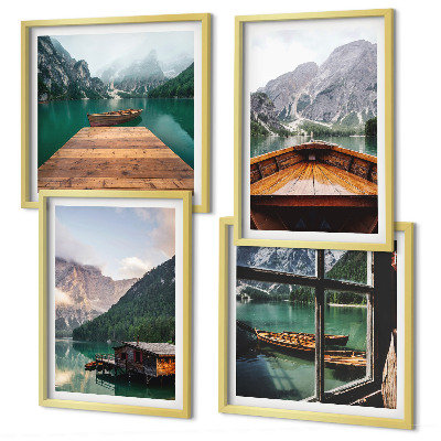 Polittico con cornice Paesaggi montani, cottage, barche