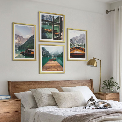 Polittico con cornice Paesaggi montani, cottage, barche