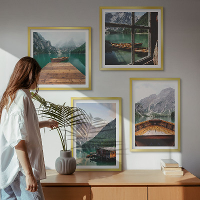 Polittico con cornice Paesaggi montani, cottage, barche