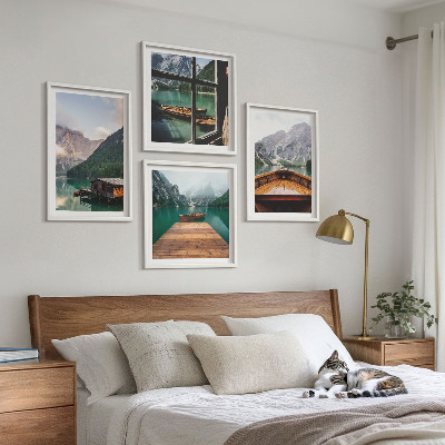 Polittico con cornice Paesaggi montani, cottage, barche