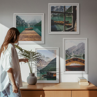 Polittico con cornice Paesaggi montani, cottage, barche