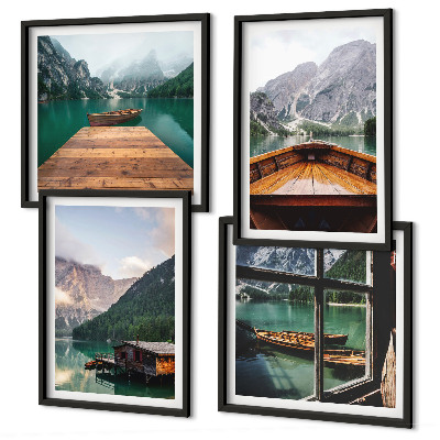 Polittico con cornice Paesaggi montani, cottage, barche