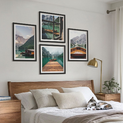 Polittico con cornice Paesaggi montani, cottage, barche