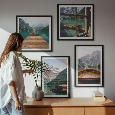 Polittico con cornice Paesaggi montani, cottage, barche