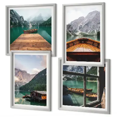 Polittico con cornice paesaggi montani con cottage e barche