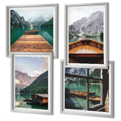 Polittico con cornice Paesaggi montani, cottage, barche
