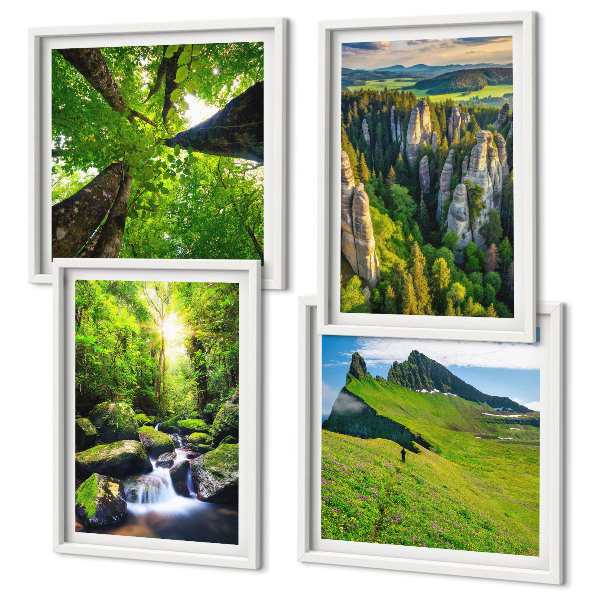 Composizione di 4 quadri Montagne verdi cascata foresta