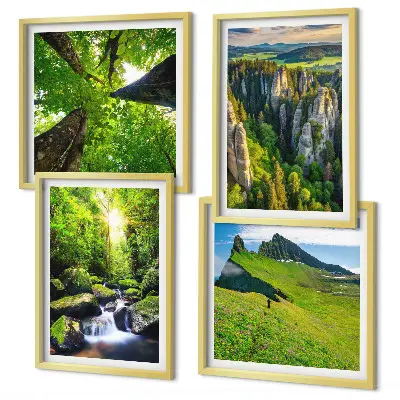 Composizione di 4 quadri con paesaggio di montagne verdi, cascata e foresta