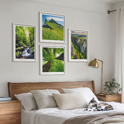 Composizione di 4 quadri Montagne verdi cascata foresta