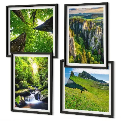 Composizione di 4 quadri con paesaggio di montagne verdi, cascata e foresta