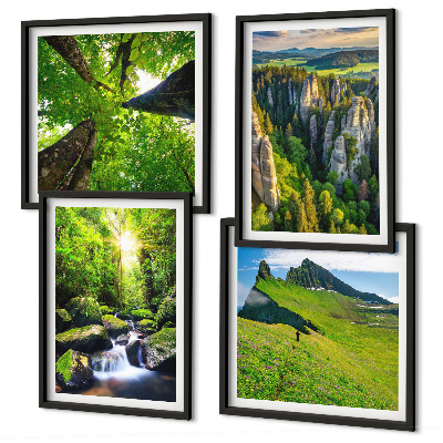 Composizione di 4 quadri Montagne verdi cascata foresta