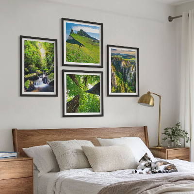 Composizione di 4 quadri Montagne verdi cascata foresta
