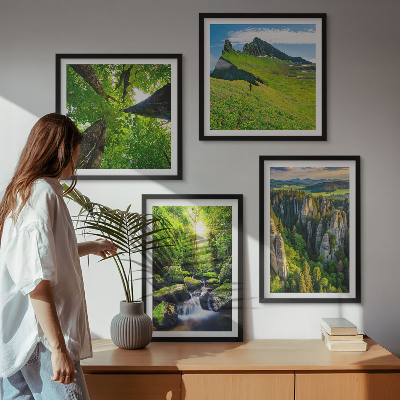 Composizione di 4 quadri Montagne verdi cascata foresta