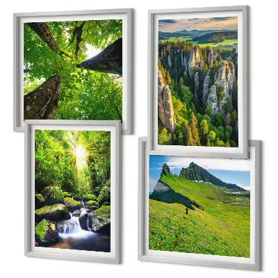 Composizione di 4 quadri con paesaggio di montagne verdi, cascata e foresta