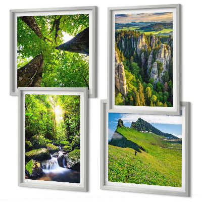 Composizione di 4 quadri Montagne verdi cascata foresta