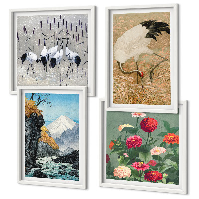 Composizione di 4 quadri Montagne, fiume, fiori, gru