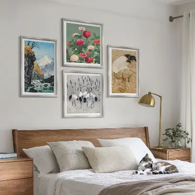 Composizione di 4 quadri con montagne, fiume, fiori e gru