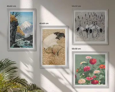 Composizione di 4 quadri con montagne, fiume, fiori e gru