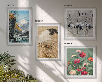 Composizione di 4 quadri Montagne, fiume, fiori, gru
