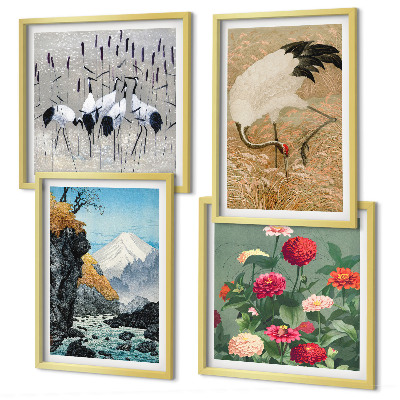 Composizione di 4 quadri Montagne, fiume, fiori, gru