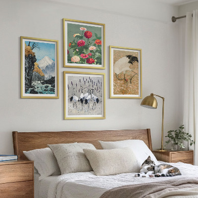 Composizione di 4 quadri Montagne, fiume, fiori, gru