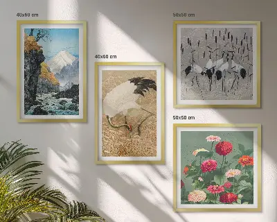 Composizione di 4 quadri con montagne, fiume, fiori e gru