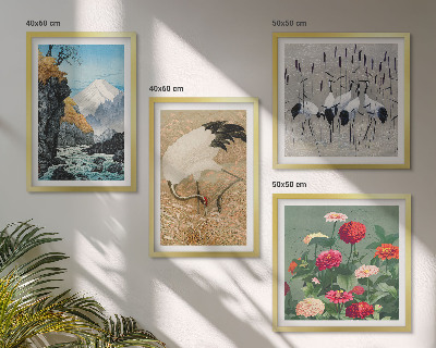 Composizione di 4 quadri Montagne, fiume, fiori, gru
