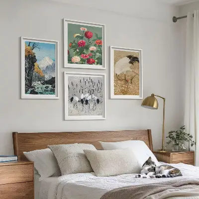 Composizione di 4 quadri con montagne, fiume, fiori e gru