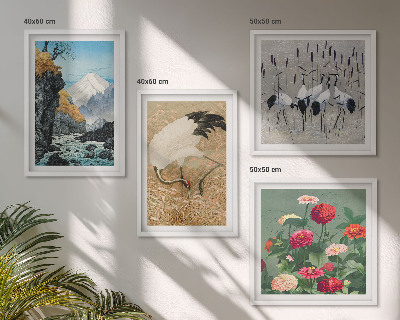Composizione di 4 quadri Montagne, fiume, fiori, gru