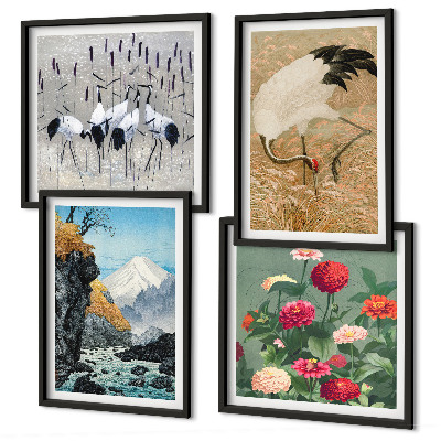 Composizione di 4 quadri Montagne, fiume, fiori, gru
