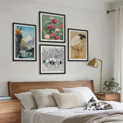 Composizione di 4 quadri con montagne, fiume, fiori e gru