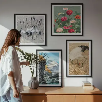 Composizione di 4 quadri con montagne, fiume, fiori e gru