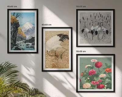 Composizione di 4 quadri con montagne, fiume, fiori e gru