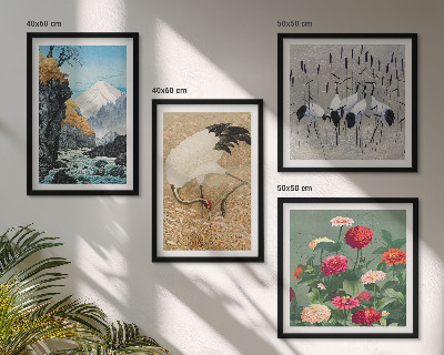Composizione di 4 quadri Montagne, fiume, fiori, gru