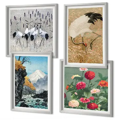 Composizione di 4 quadri con montagne, fiume, fiori e gru
